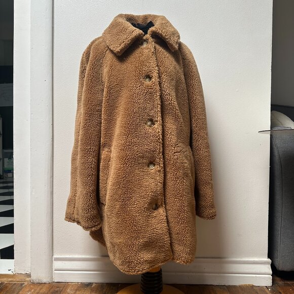 [L] [NWT] GAP Cozy Sherpa Long Sleeve Coat Women's Teddy Brown ($138 new) - Picture 1 of 9